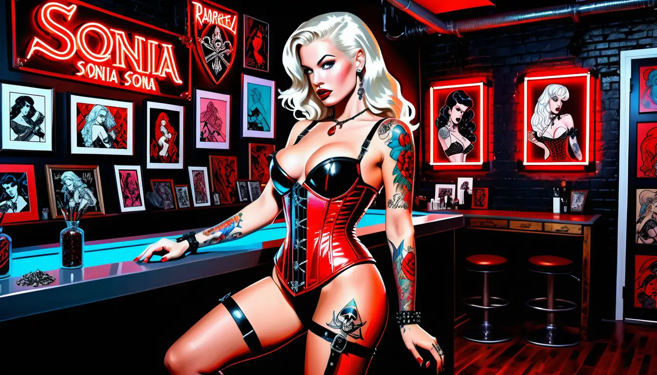 Platinum blonde tattooed pinup in an upscale loft studio