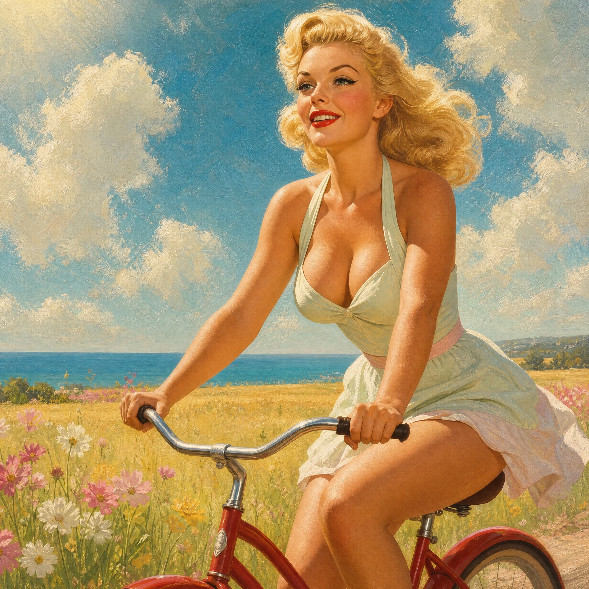 Glamorous blonde woman cycling through a blooming meadow