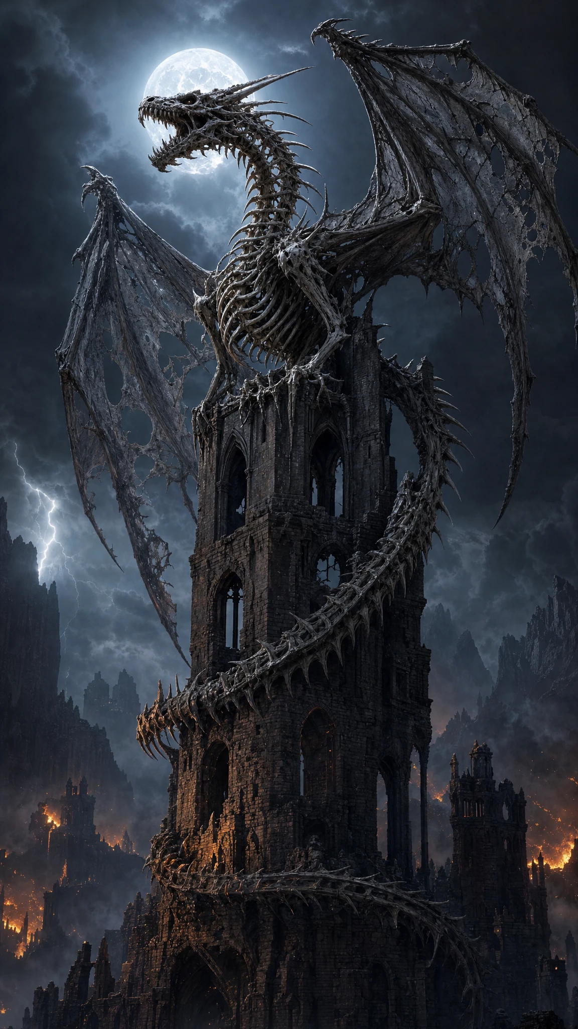 Skeletal dragon looming over a ruined gothic tower at night