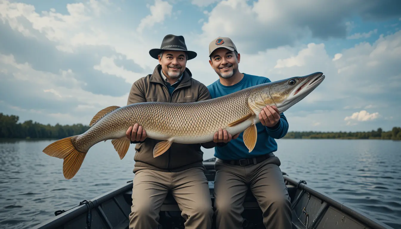 Two fishermen holding a large pike in a small boat