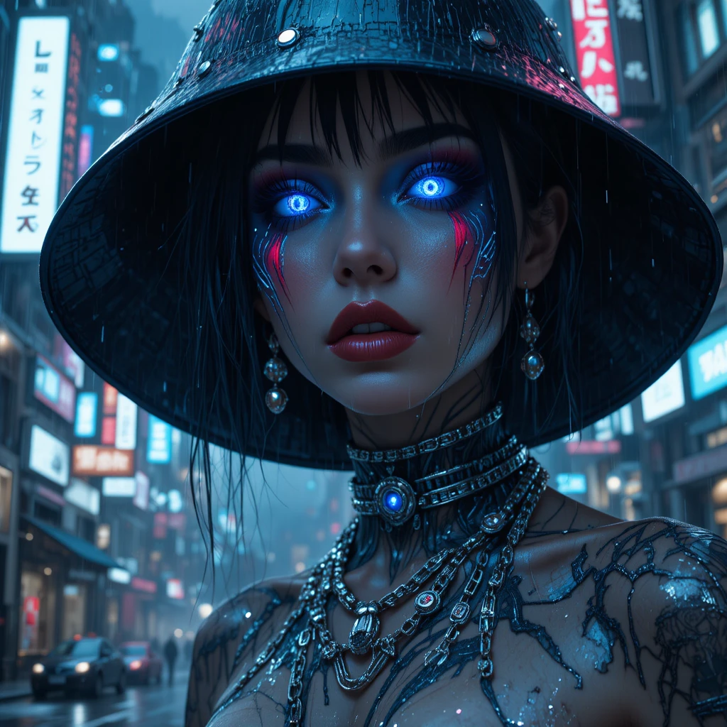 Futuristic noir portrait of a cybernetic femme fatale