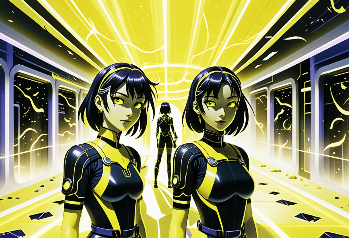 Anime girls in a glowing sci fi facility with fog
