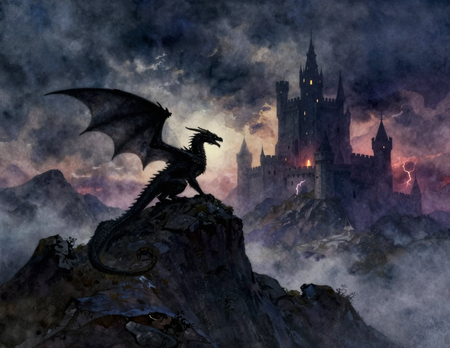 Dragon On Mountain Peak Facing Distant Stormy Castle