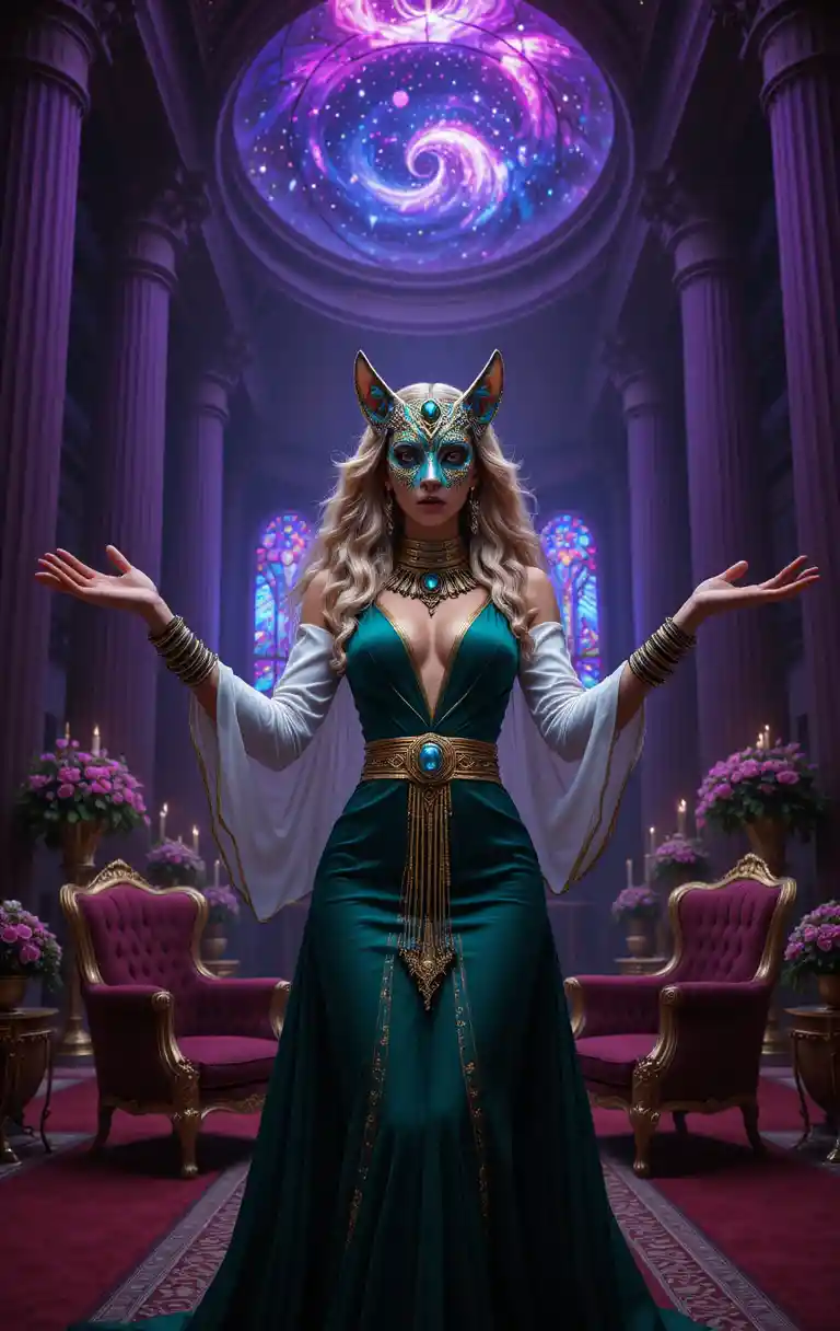 Masked woman in emerald dress in mystical temple hall