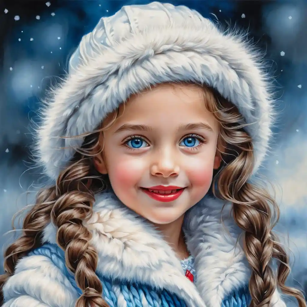 Smiling winter girl in white fur coat and hat