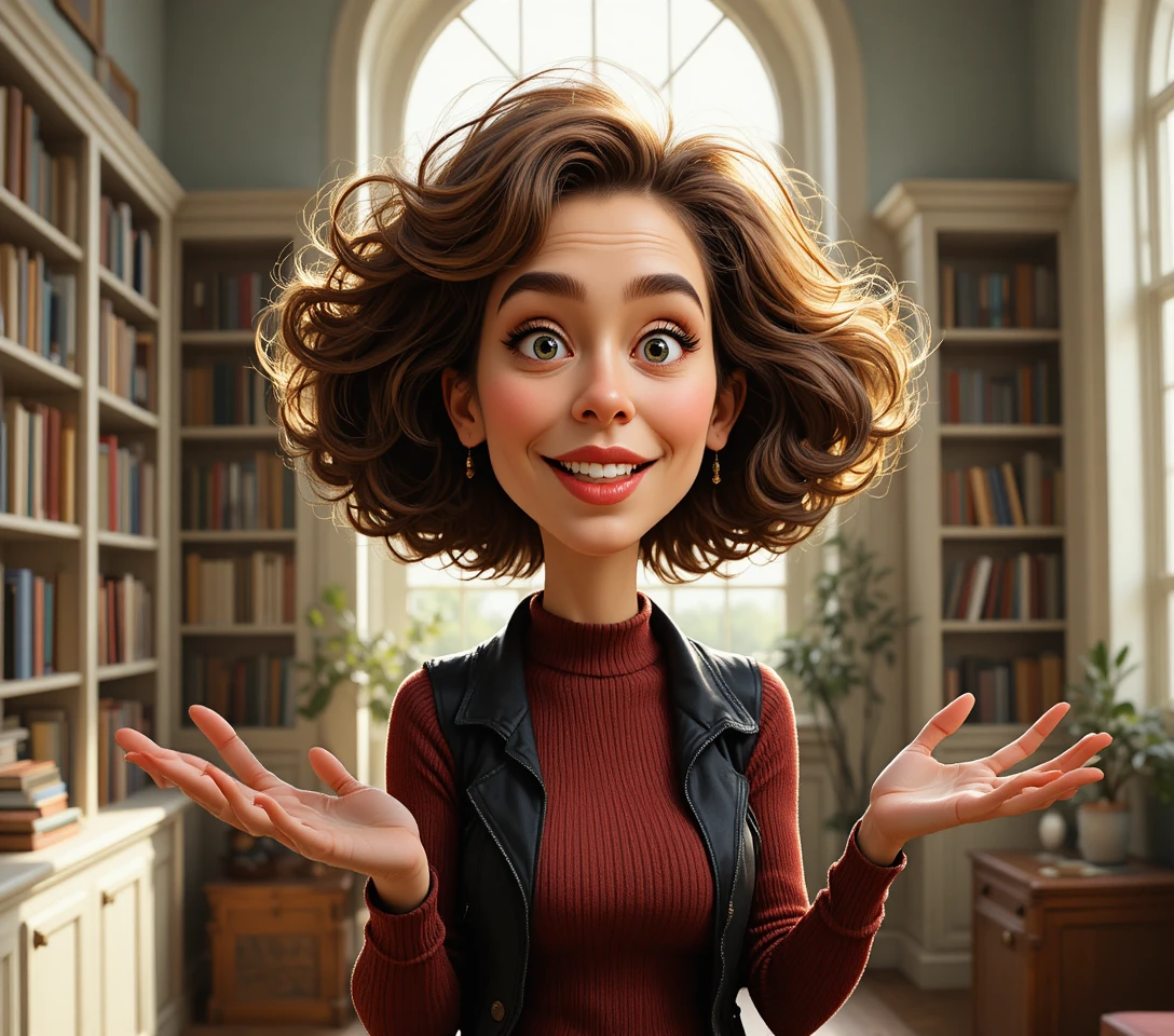Middle aged woman gesturing in a bright home library