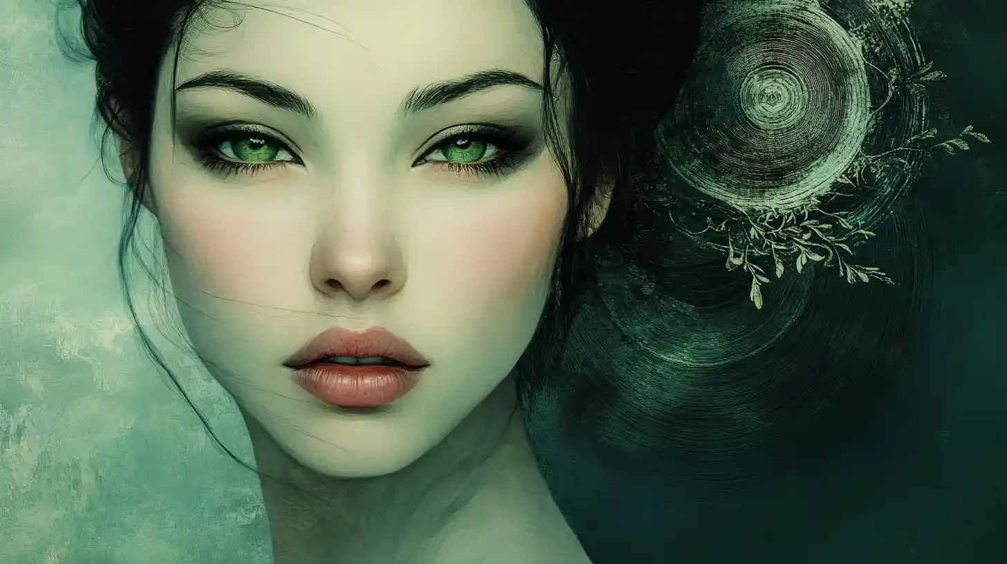 Serene female portrait with ink like botanical facial patterns