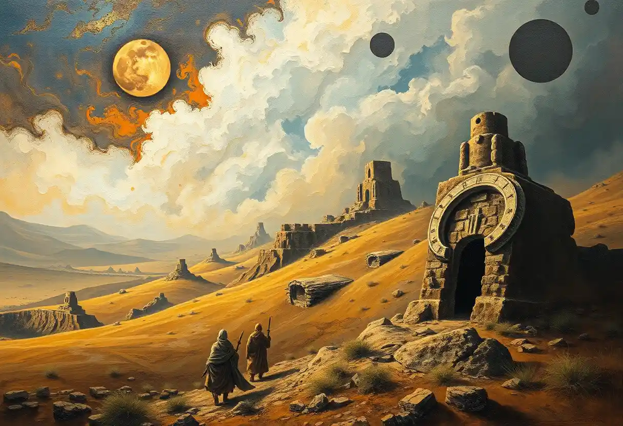 Essene monks walking through a mystical Qumran landscape