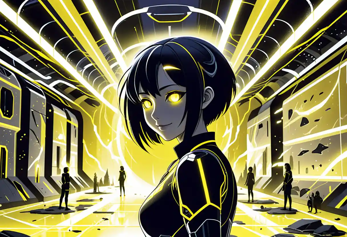 Anime girls in a glowing sci fi research facility