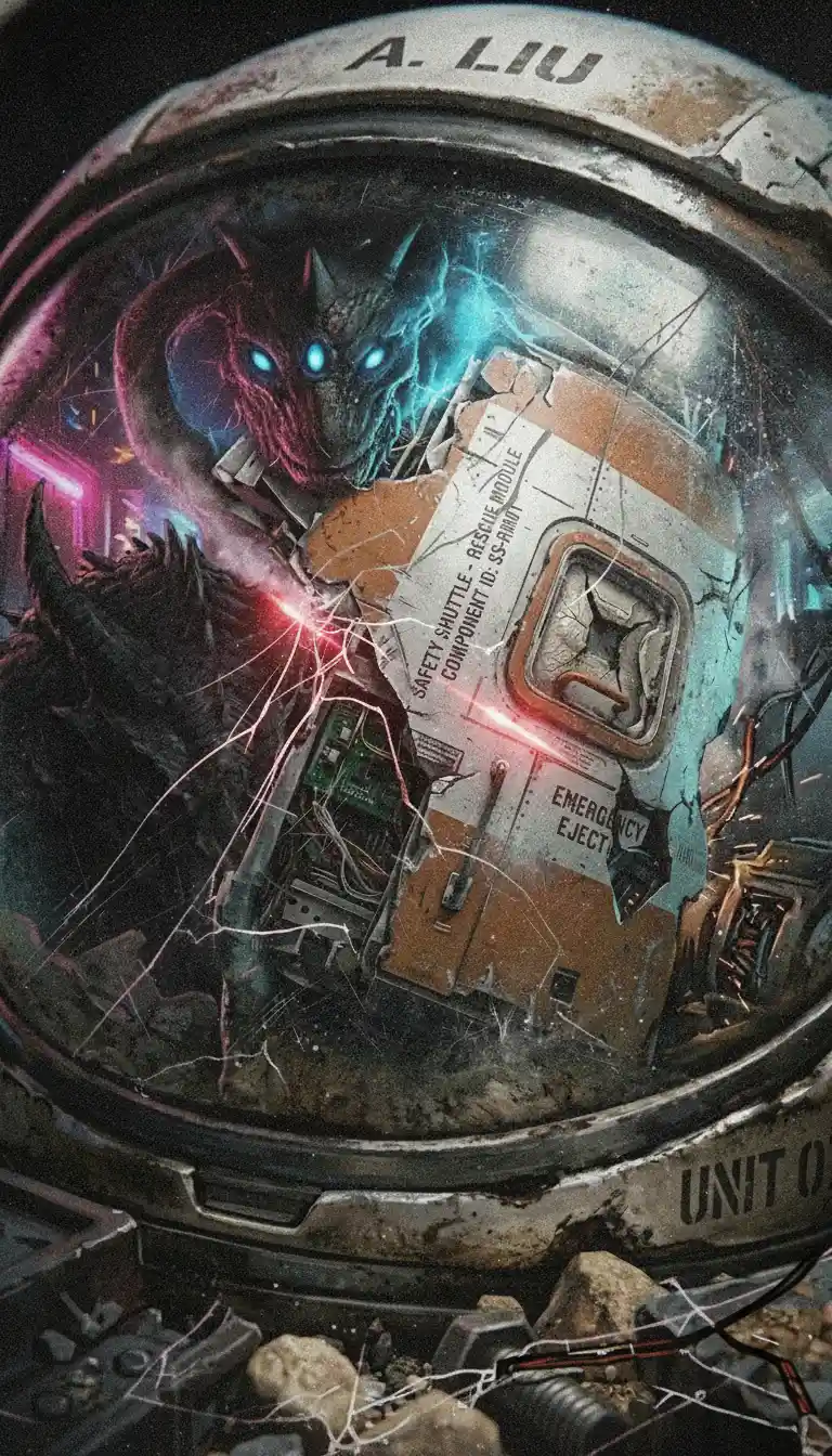 Neon reflection of alien creature in shattered astronaut helmet
