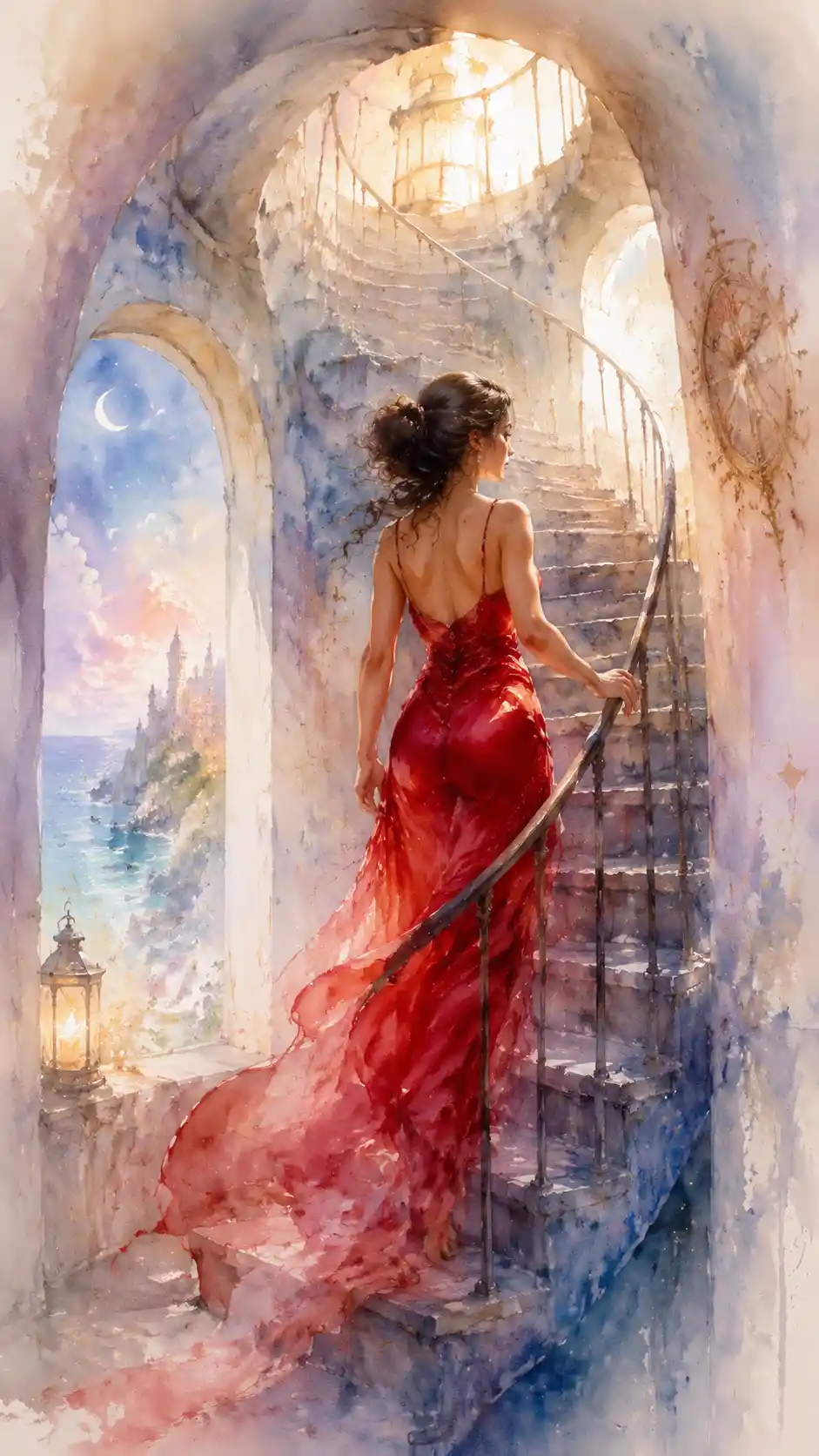 Woman in red gown on spiraling lighthouse staircase
