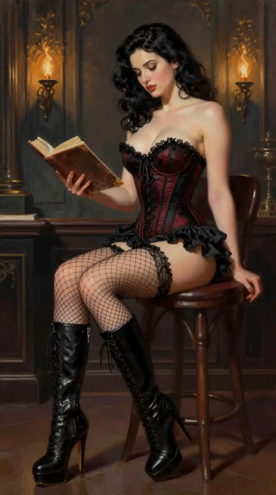 Seductive woman in corset seated in a dark manor