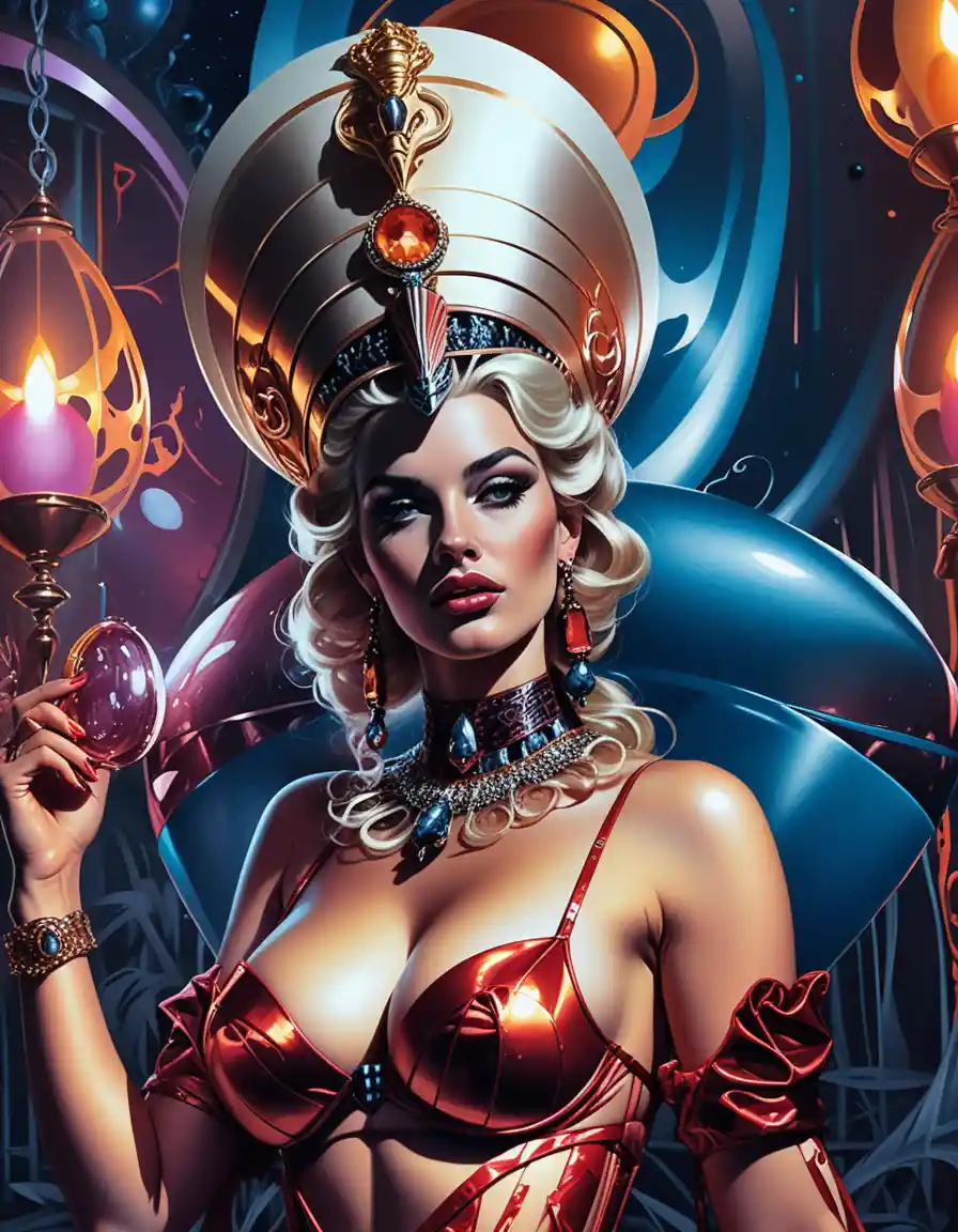 Neon lit fantasy queen in baroque couture pose