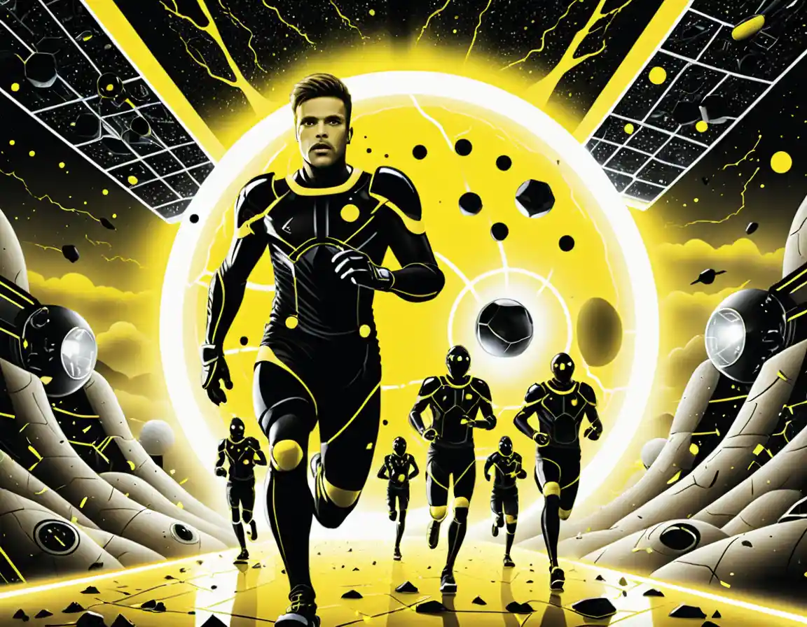 Futuristic soccer players in neon armored arena cityscape