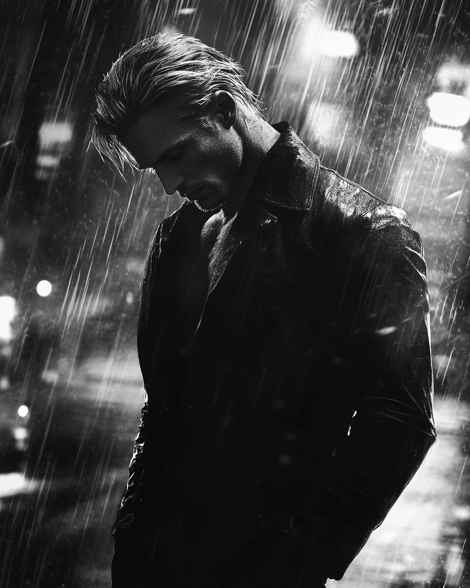 Lonely man standing in the rain on an empty city street