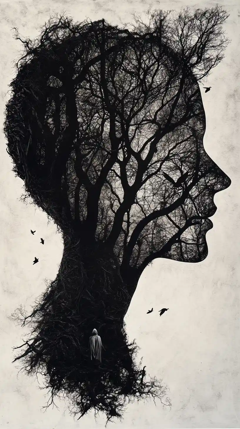 Human profile silhouette opening into living tree cathedral