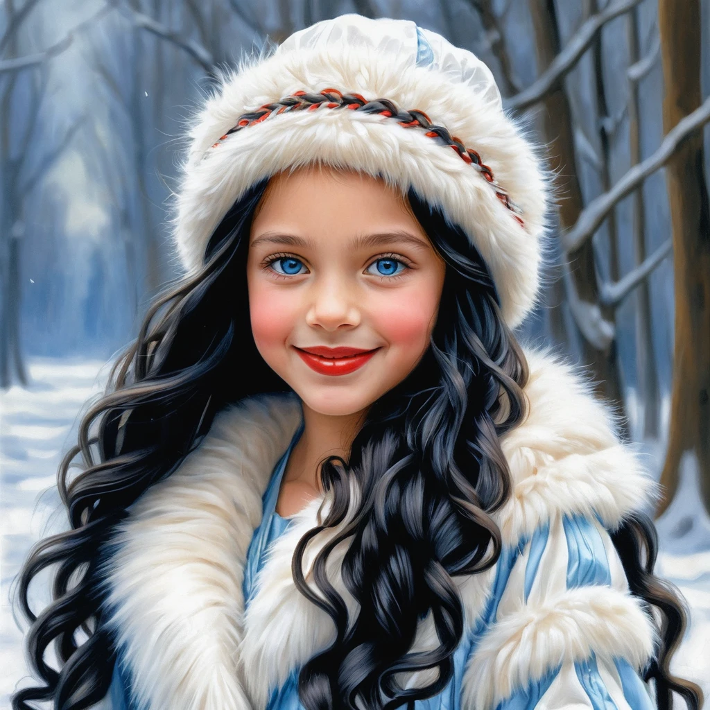 Smiling winter girl with long braided hair in white fur