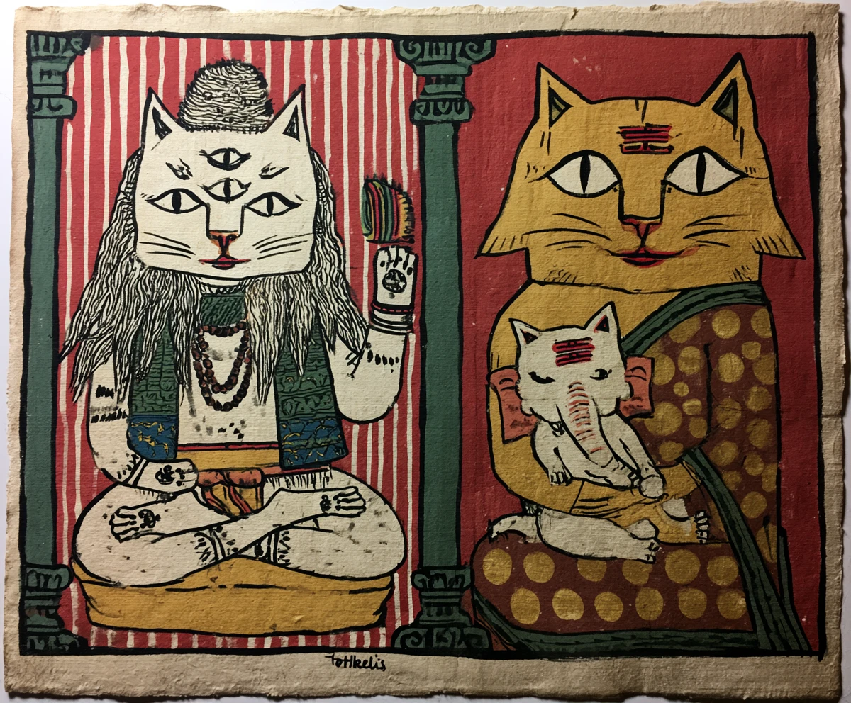 Meditating white cat deity in folk painting style