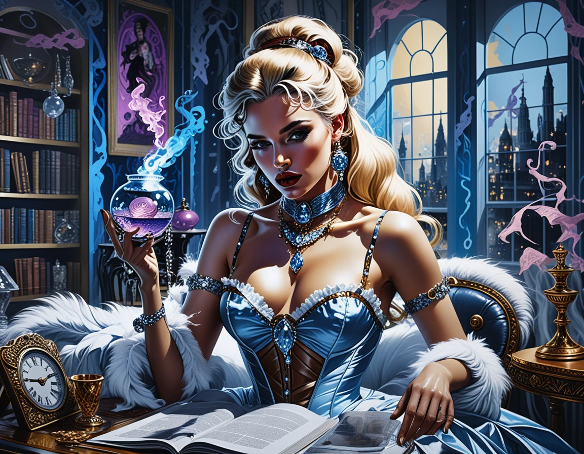 Blonde sorceress cataloguing relics in an opulent study