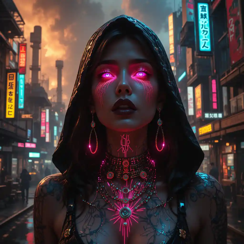 Mysterious cyberpunk woman in neon noir cityscape