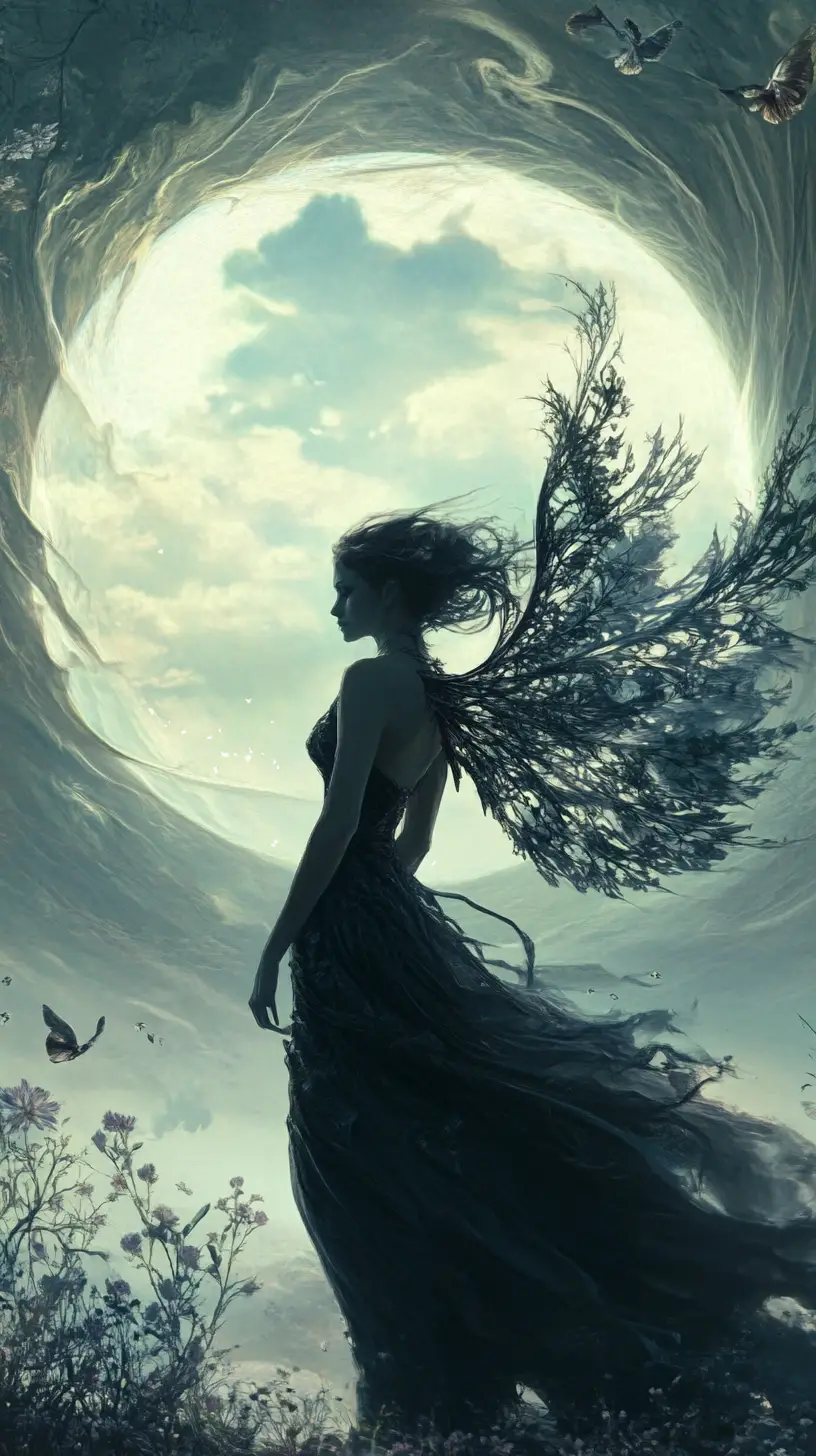 Mujer elegante con alas sutiles bajo un cielo vasto y silencioso