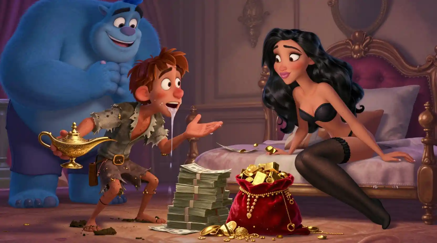 Shocked cartoon man facing a friendly blue genie