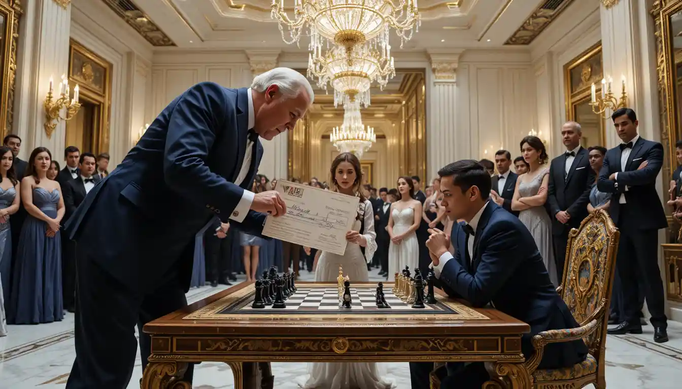 Wealthy man challenges confident teen in grand ballroom chess