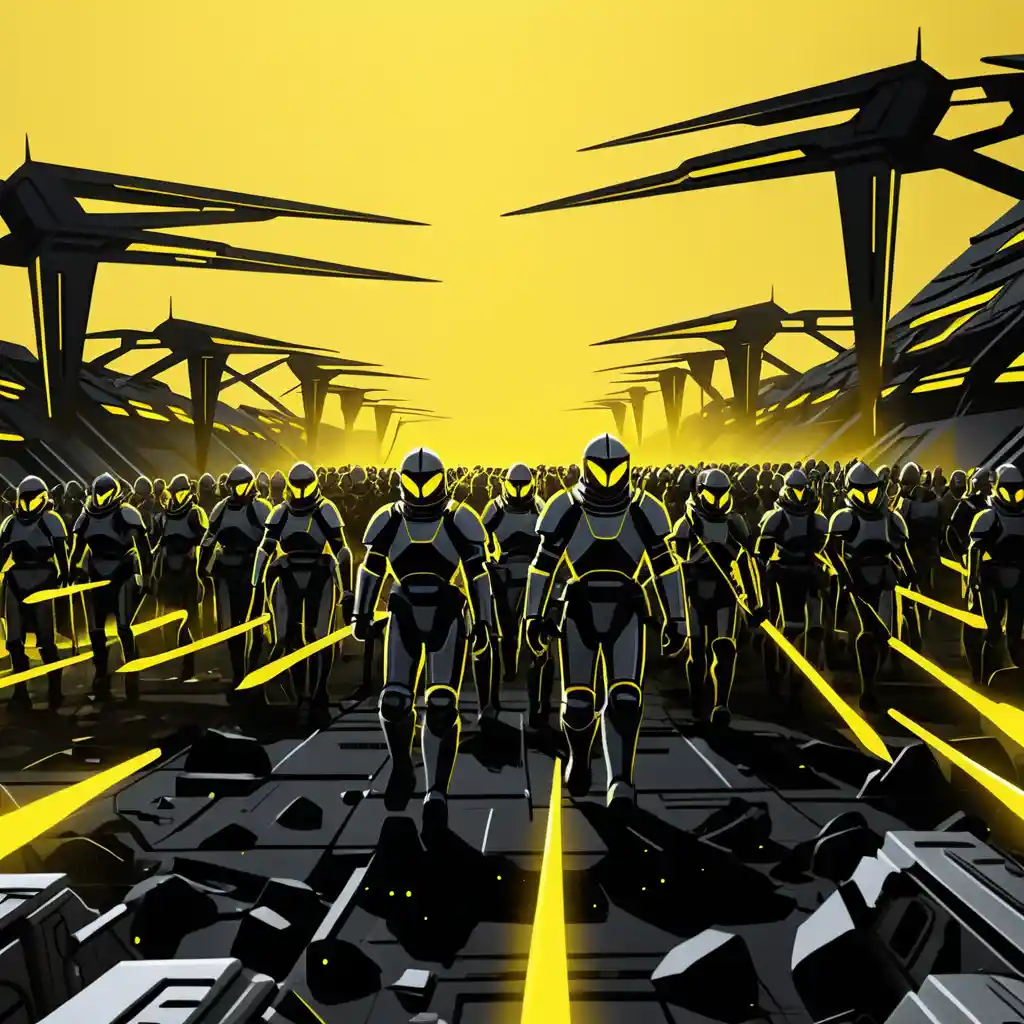 Ejército de robots futuristas marchando por un páramo en ruinas