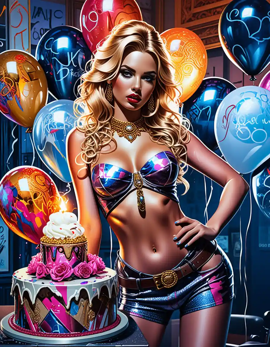 Fantasy birthday party scene with neon cake and balloons