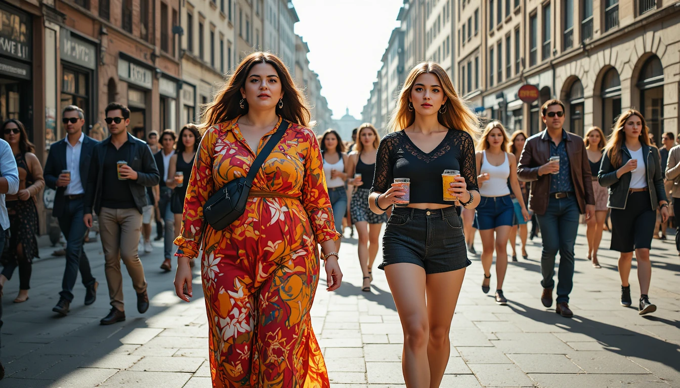 Two women walking on a lively historic city street