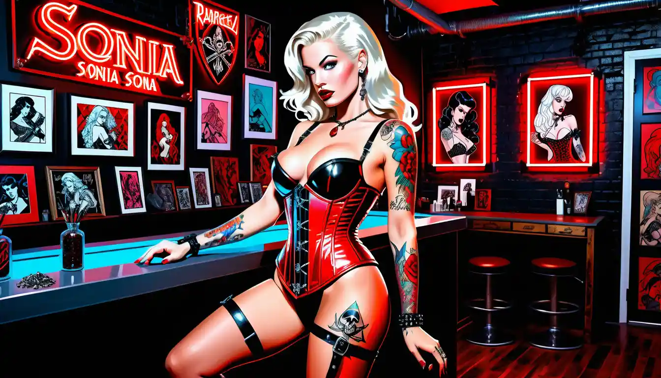 Platinum blonde tattooed pinup in an upscale loft studio