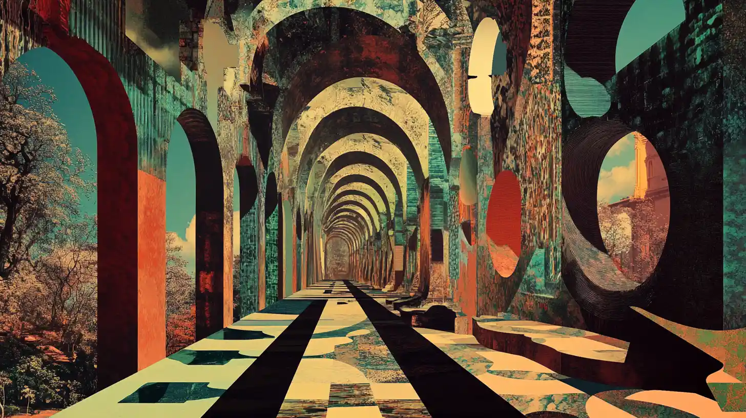 Surreal geometric dreamscape of fragmented shapes and void