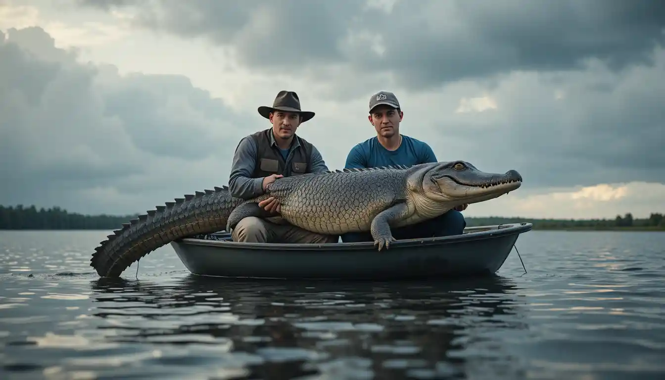 Two men holding a large alligator gar on a calm lake