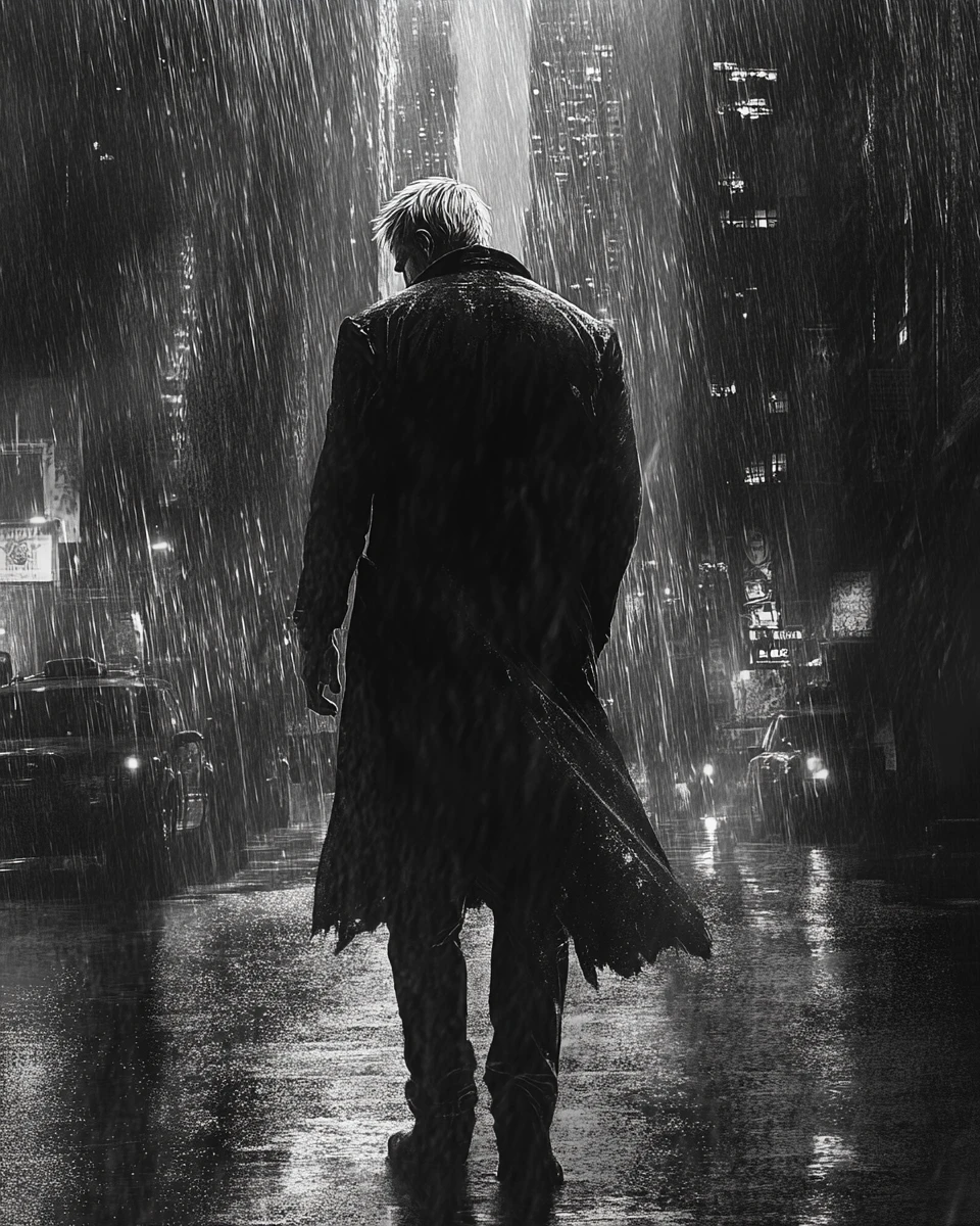 Lonely man standing in the rain on an empty city street