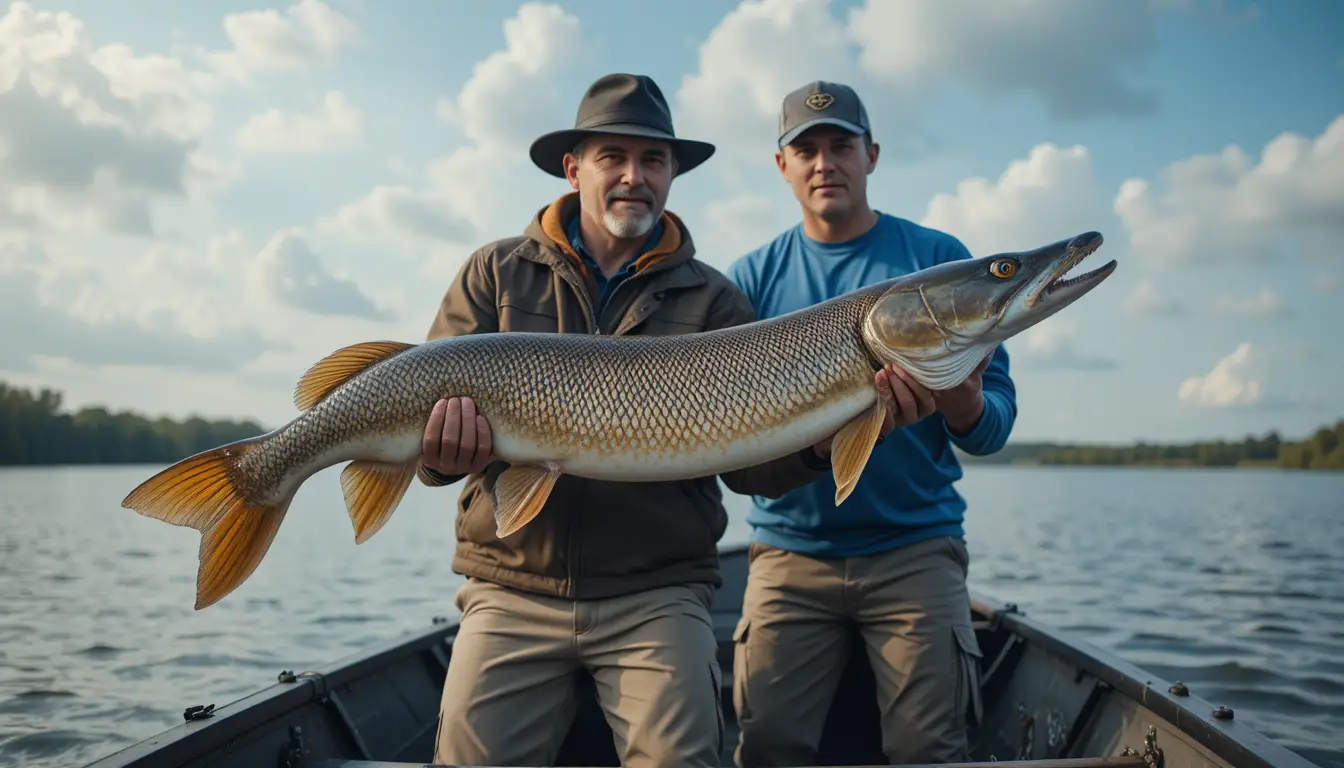 Two men holding a large pike on a calm lake