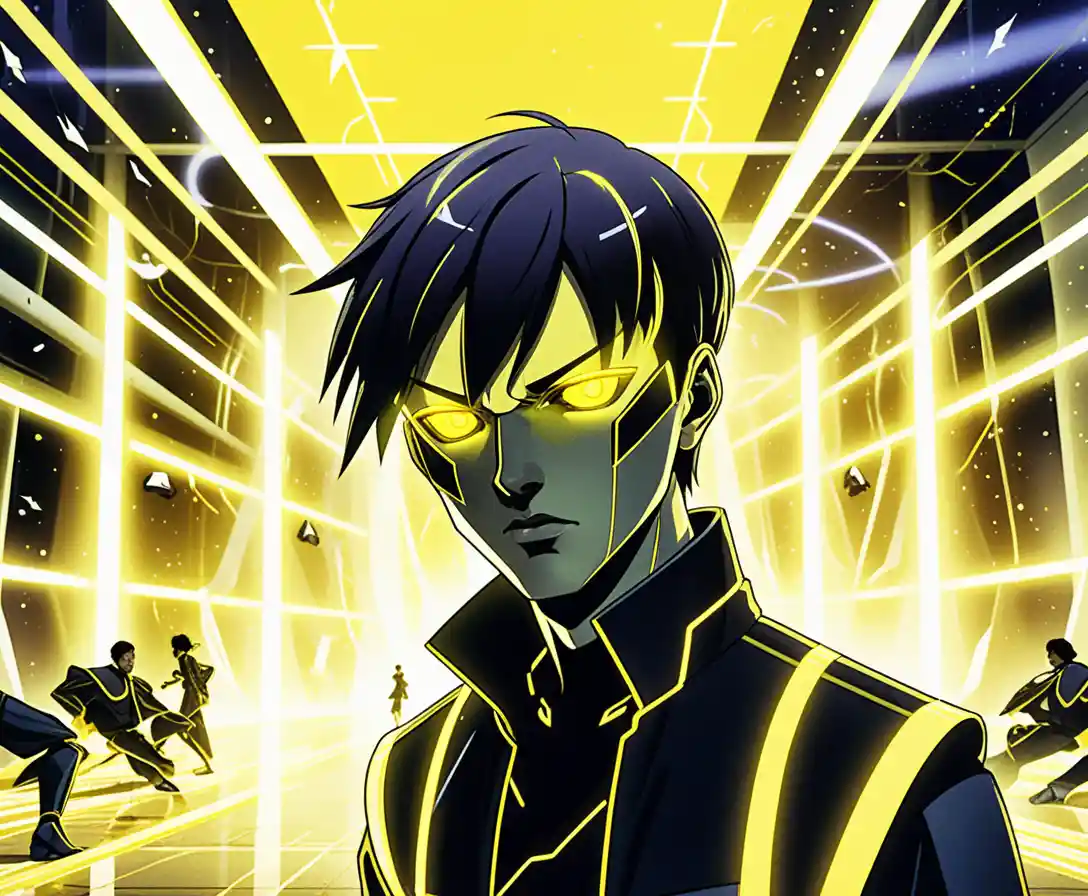 Isekai anime boys in neon sci fi research facility