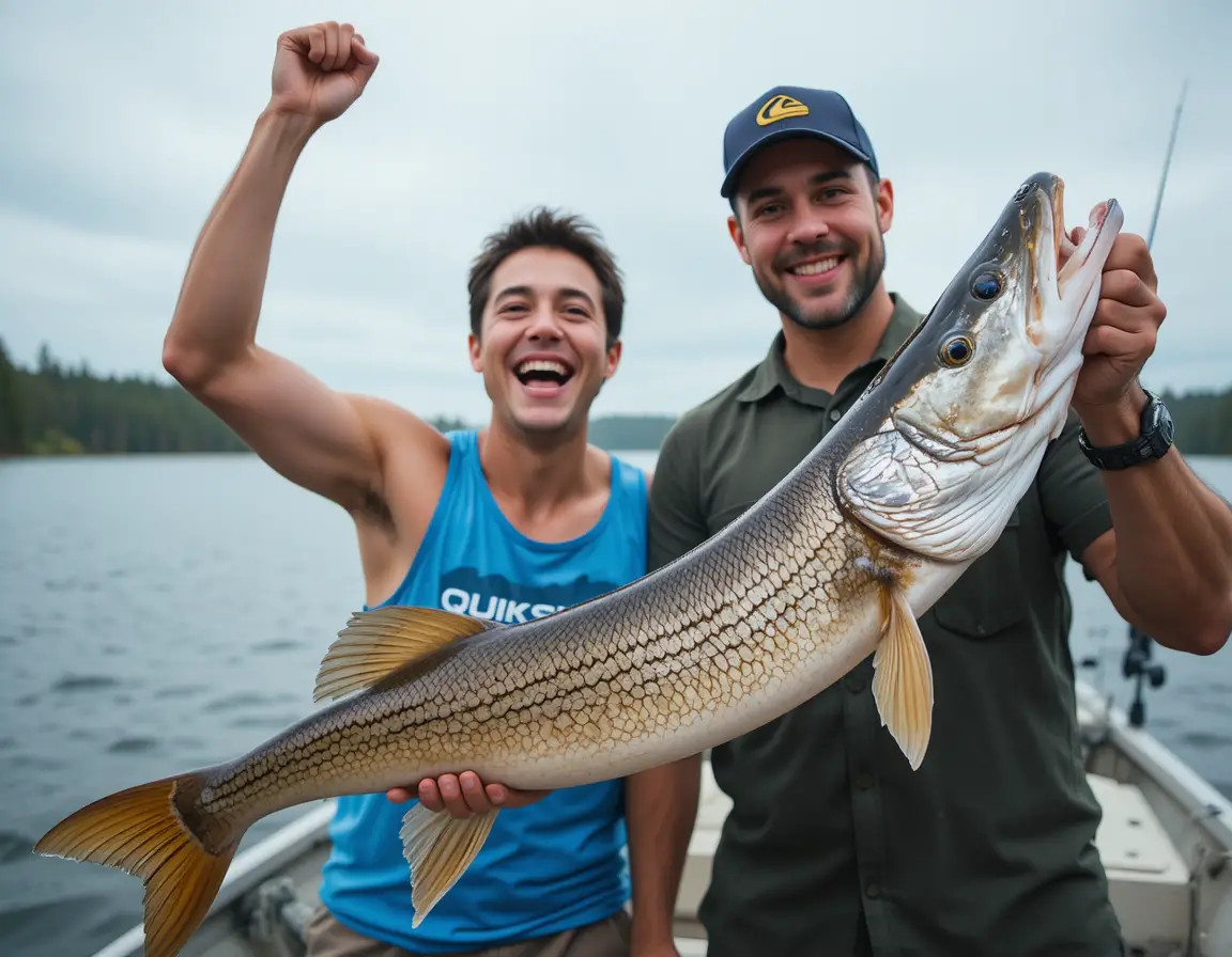 Two fishermen celebrate with a large muskie on a lake