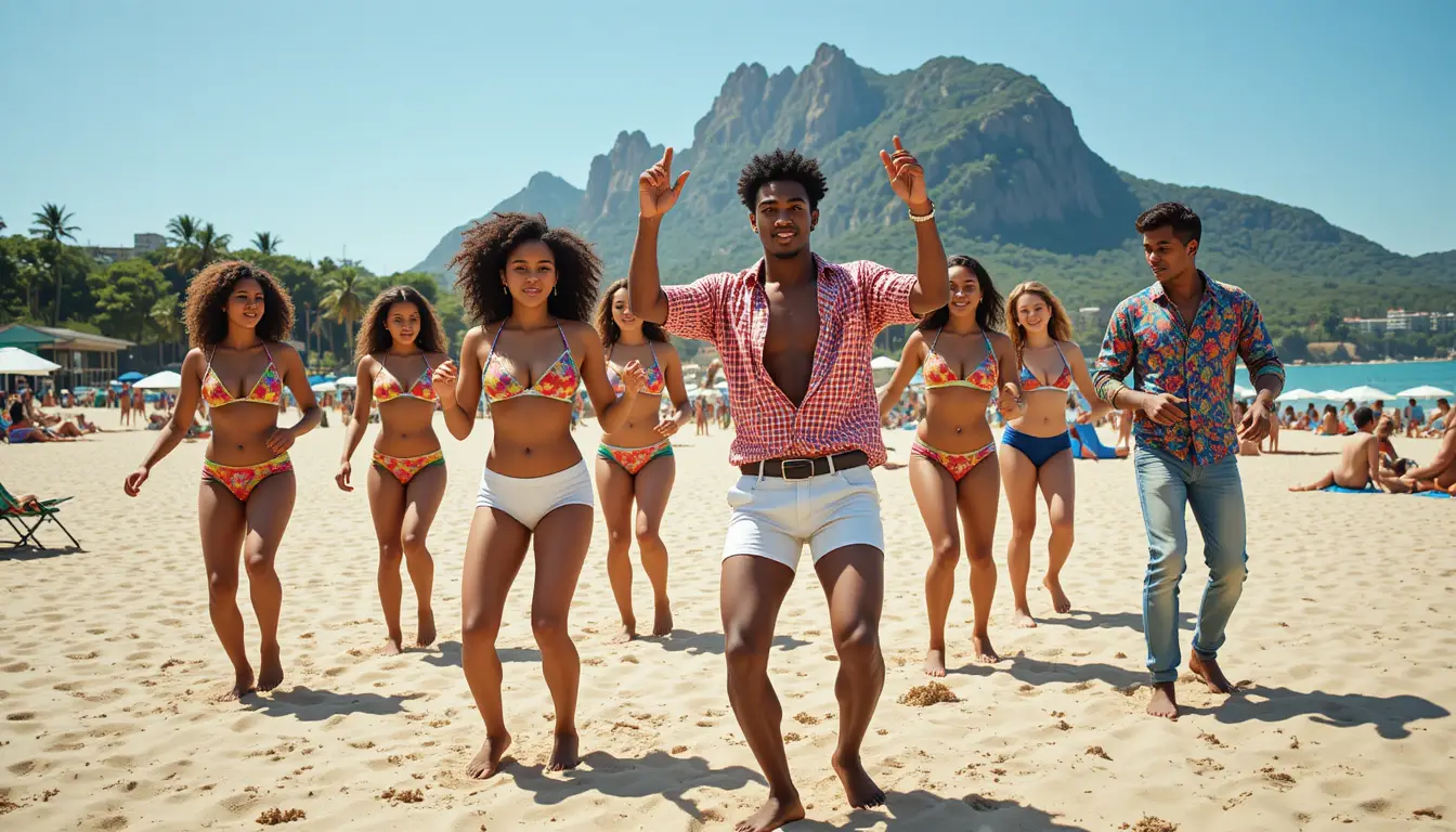 Young adults dancing together on a sunny sandy beach