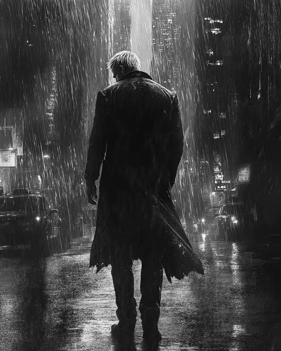 Lonely man standing in the rain on an empty city street