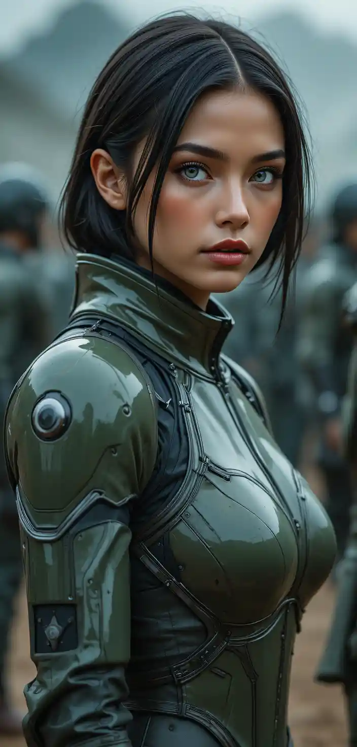 Young sci fi woman warrior in olive futuristic armor portrait