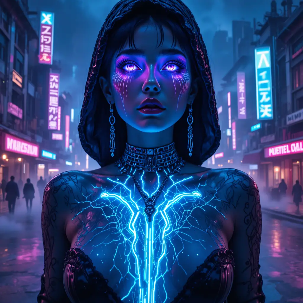 Noir portrait of a futuristic femme fatale with glowing tattoos