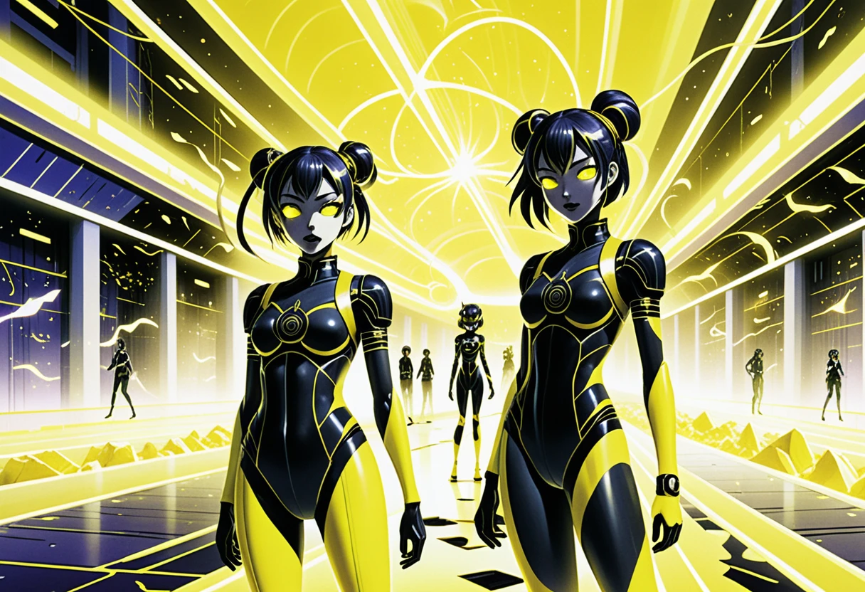 Cute anime girls in a foggy neon sci fi facility