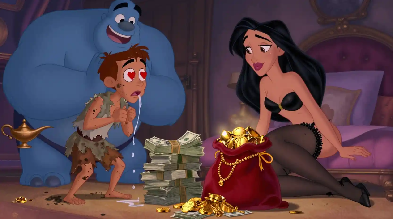 Cartoon man stunned as blue genie appears from lamp