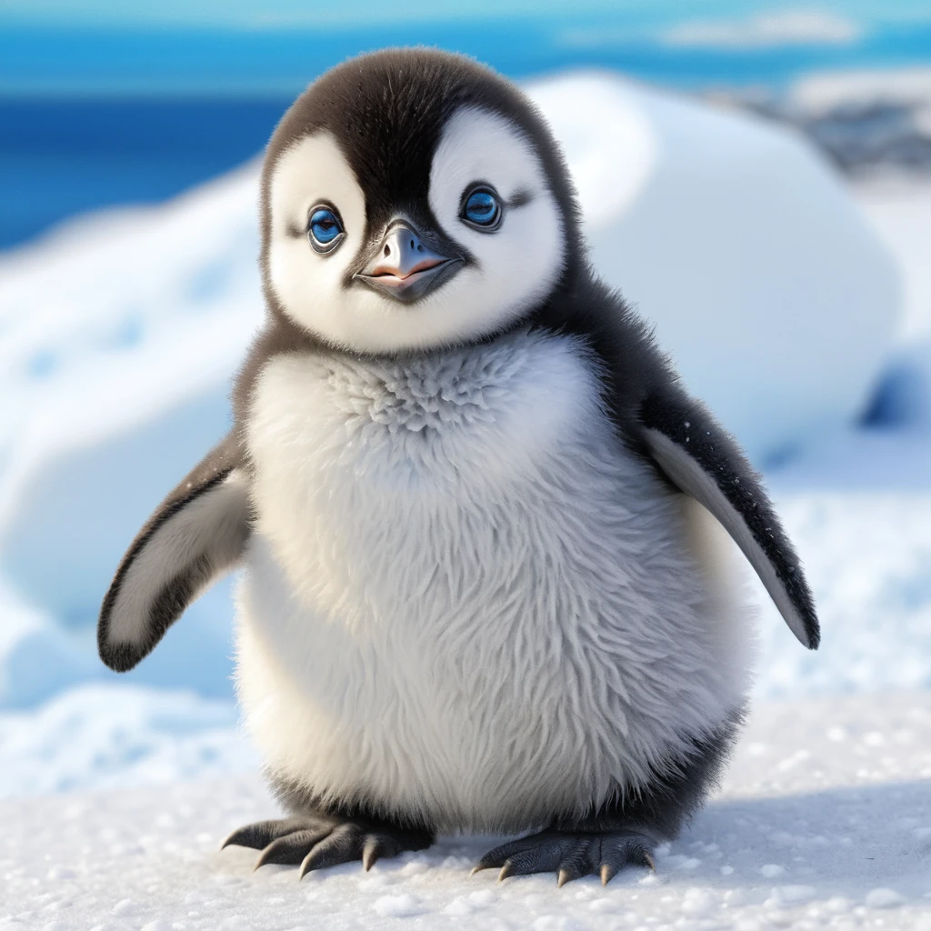 Cute baby penguin with blue eyes in colored pencil art