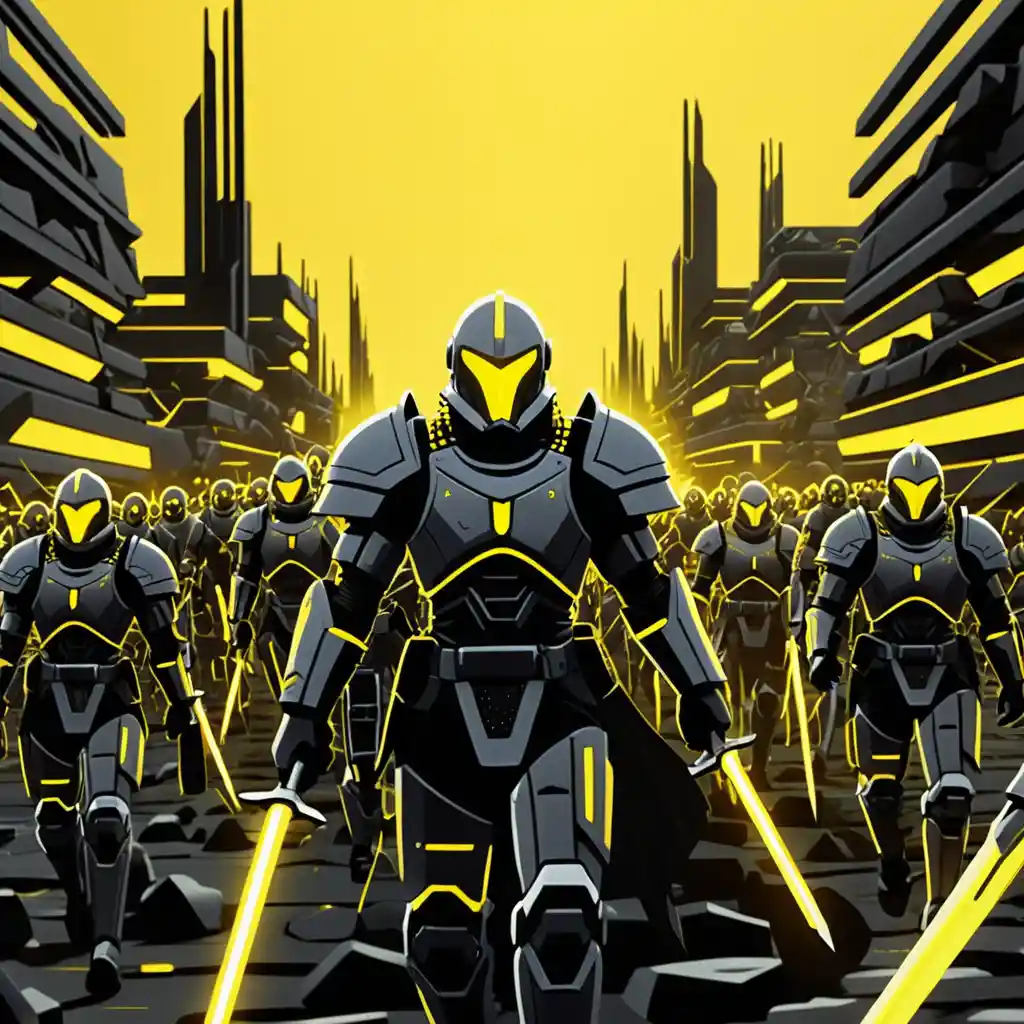 Futuristic robot army marching across ruined wasteland battlefield