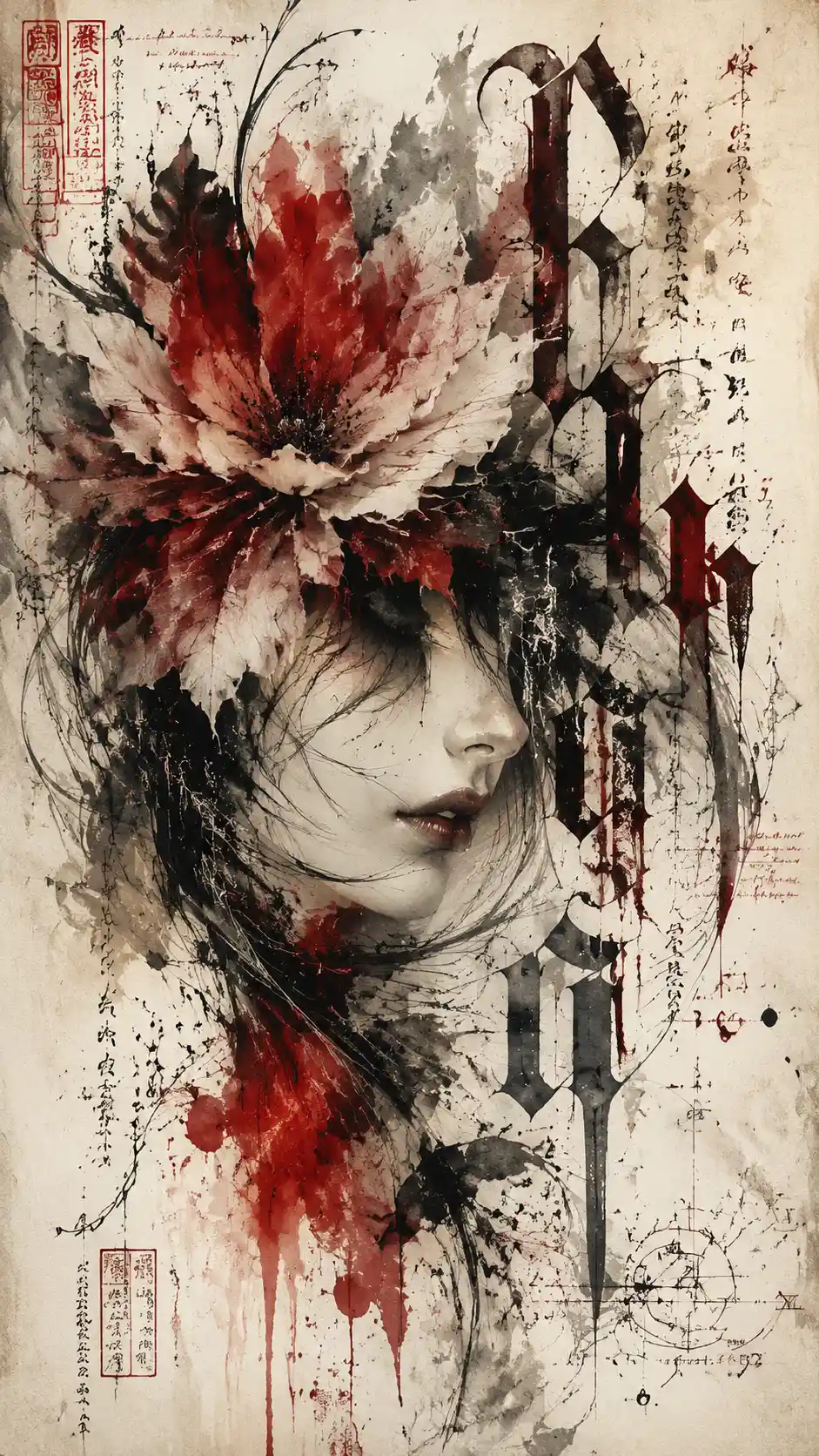 Abstract floral calligraphy with fragmented gothic lettering
