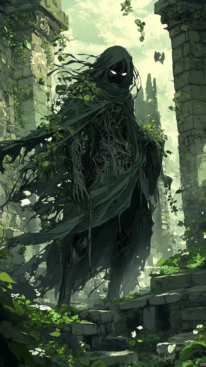 Anime reaper woman in overgrown ruins with drifting petals