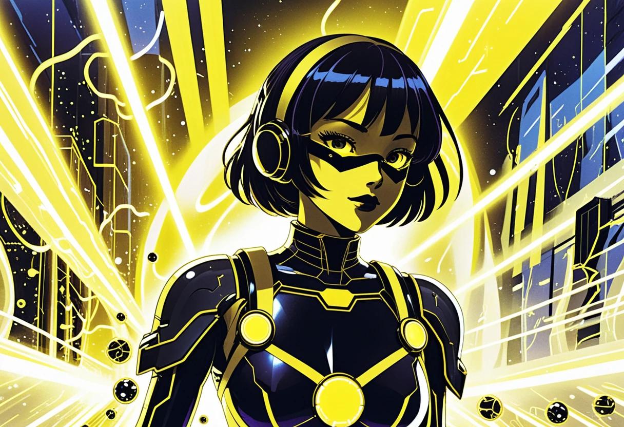 Anime-Mädchen in einem neonbeleuchteten Sci-Fi-Labor
