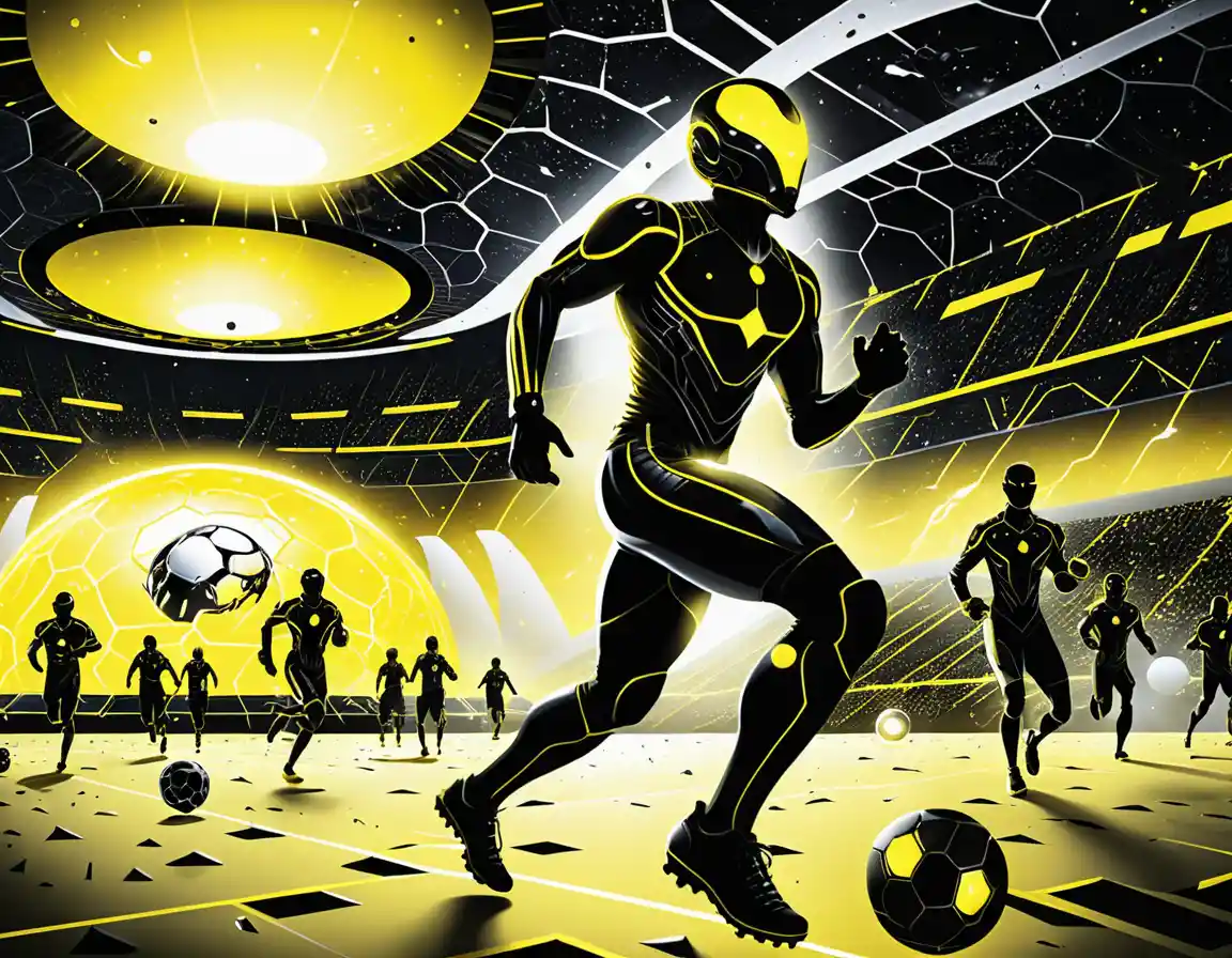 Futuristic soccer warriors in a neon cyberpunk stadium