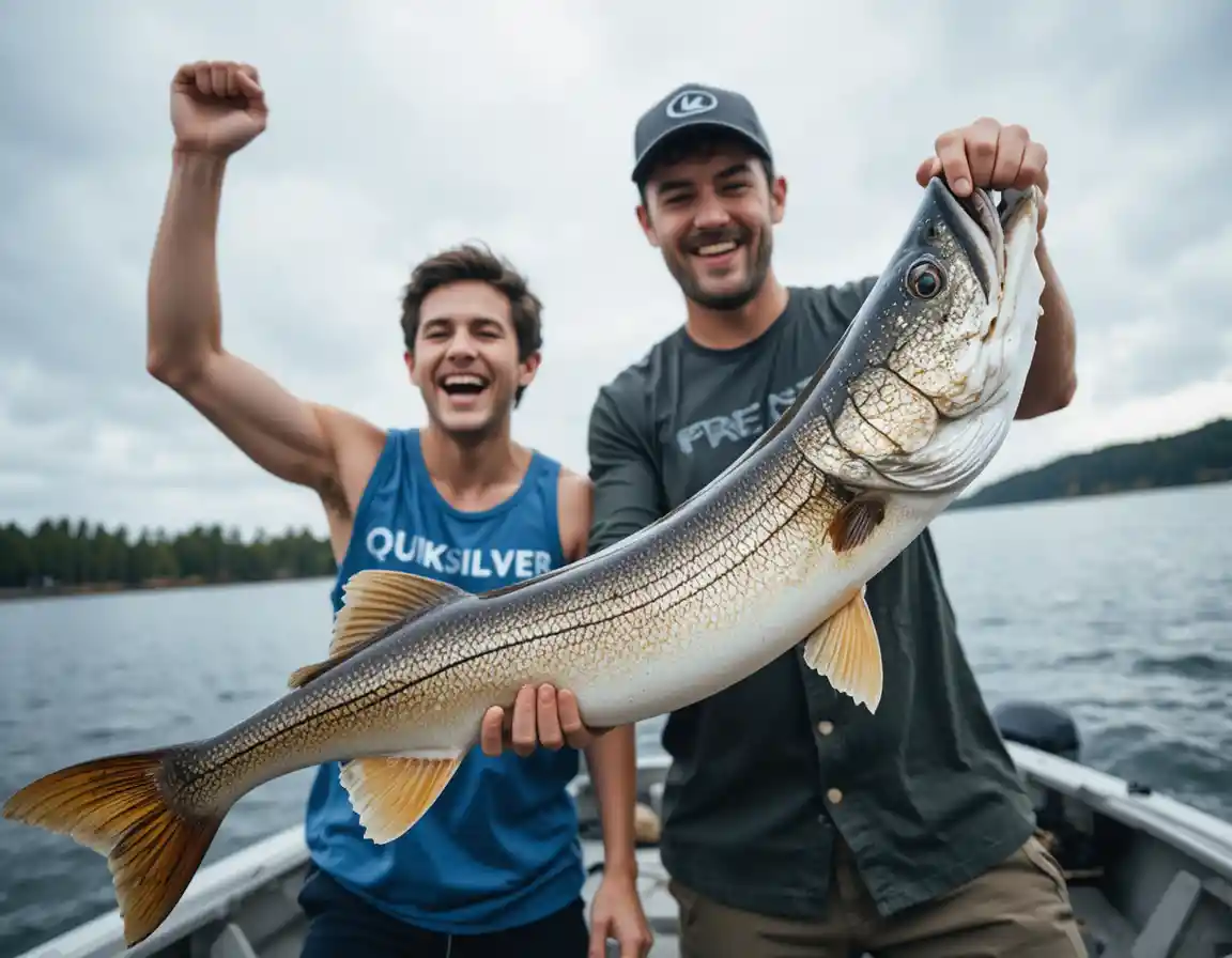 Two men celebrating with a large muskie on a lake